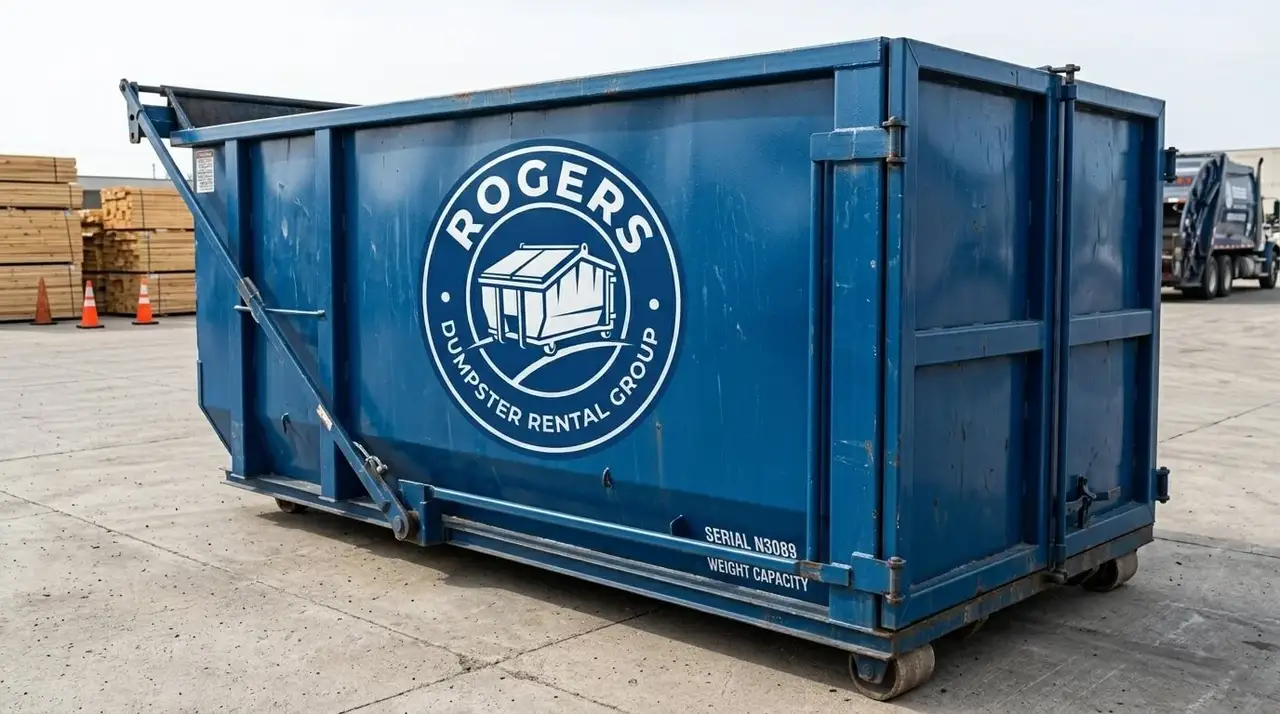 Serving Northwest Arkansas Rogers Dumpster Rental Group container placed in a Rogers driveway